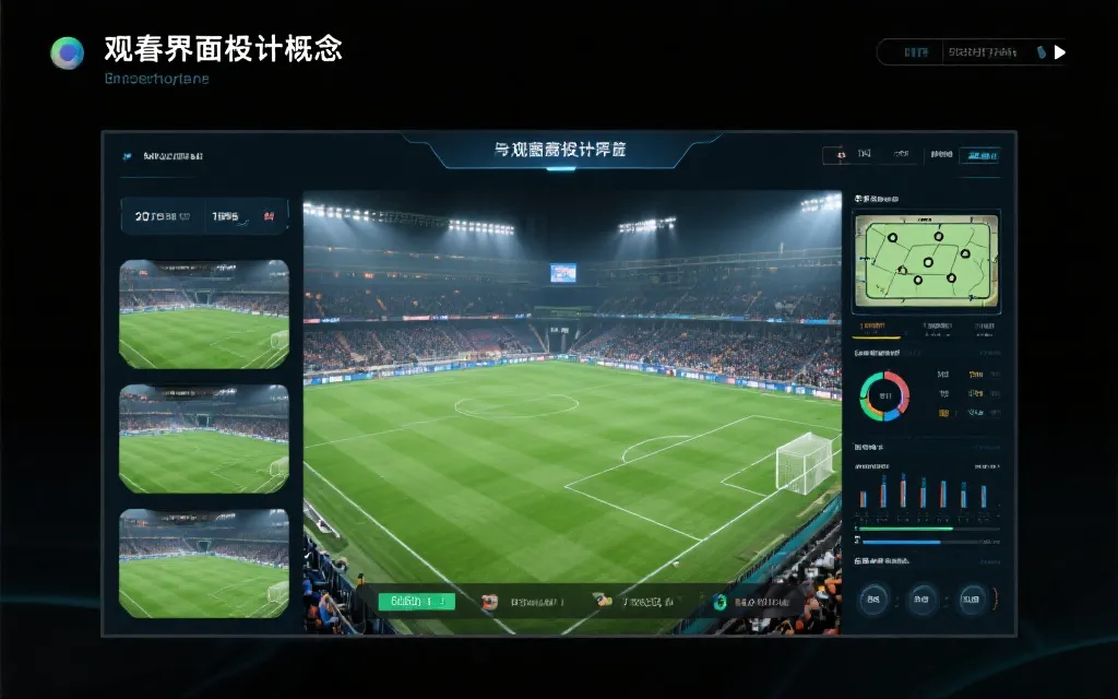多机位观赛界面概念图：主镜头、战术视角、小窗数据面板的布局