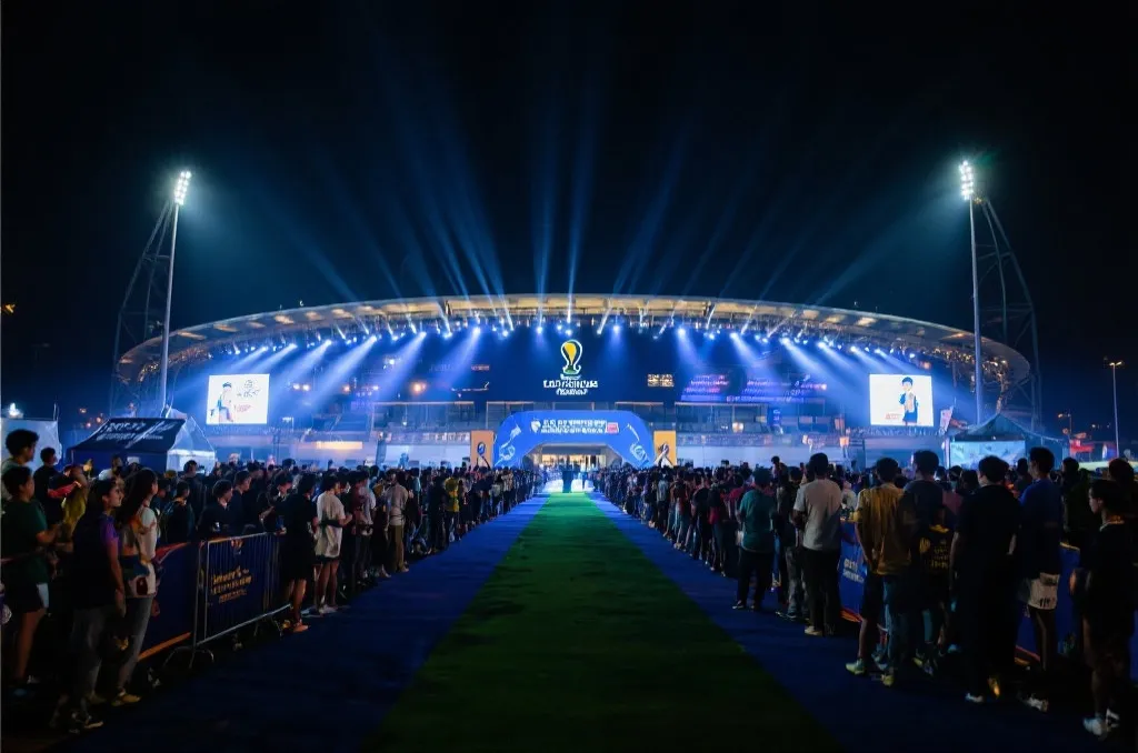 夜晚球场外景与观众入场队列,灯光璀璨,充满决赛氛围